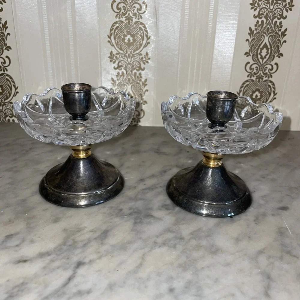 Pair of Landes Matching Candle Stick Holders Silver -plated Crystal 